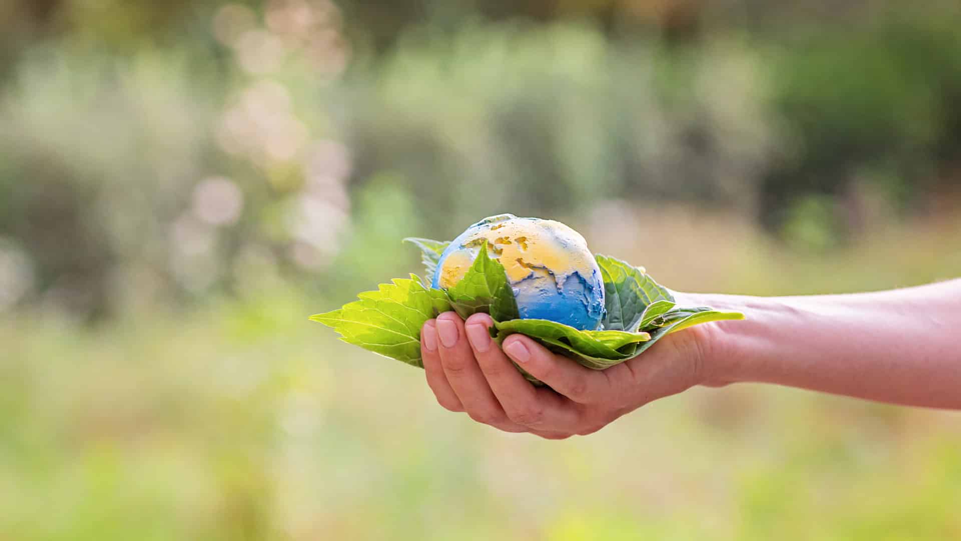 Femme qui tient dans sa main une planète sur des feuilles